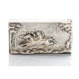A late Victorian silver vesta case of horse racing interest, the cover with a horse race in
