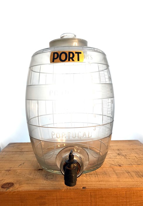 An early 20th Century glass port barrel, lift-off cover, engraved measurements and 'Produce of