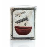 A late Victorian silver vesta case with inset Rebus enamel image 'My Last Screw of Baccy', maker's