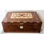 A Victorian burr walnut writing slope, the cover with a stone specimen panel, parquetry border