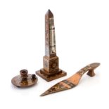 A late 19th Century Tunbridge ware desk thermometer, of obelisk form, height 18cm, together with a