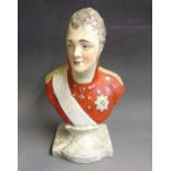 A Staffordshire pottery bust of Alexander Great of Russia, mounted on a marble effect base Circa