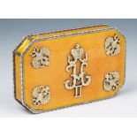 A Russian silver and enamel octagonal box, late 19th Century, yellow guilloche enamel cover with a