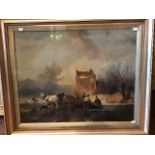 British School, 19th Century, figures on a frozen lake, oil on canvas, 60 by 75cm, gilt frame