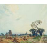 Herbert Coop (Irish, fl.1884-1885), a landscape with corn stooks, a church and windmill beyond,