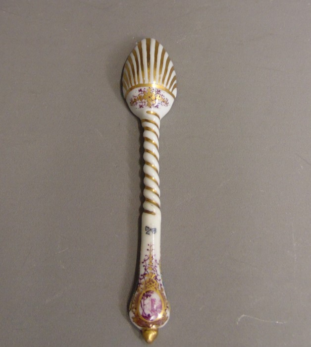 A rare Meissen spoon, the bowl painted with a Kauffahrtei scene of merchants by a quayside, the - Image 2 of 5