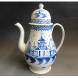A late 18th Century pearlware blue and white coffee pot and cover, 30cm high including cover
