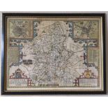 Speed, John (1552-1629). 17th-century map of Staffordshire, hand-coloured copper engraving on laid/