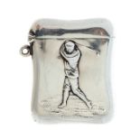 An Edwardian silver vesta case of golfing interest, the front with a golfer i relief wearing plus
