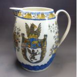 A very large Prattware jug. with an armorial crest and dated 1805 and a prancing horse and dragons