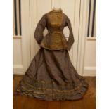 An original Taupe silk Taffeta Victorian dress which comprises of a long type bodice with ruffle