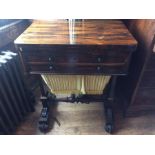 A William IV rosewood ladies work table, circa 1835, fold twisted top with leather inlay, on