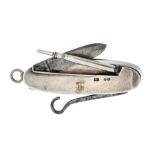 A late Victorian silver vesta case incorporating a folding pencil, knife and hook, the hinged