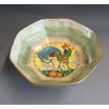 A Minton octagonal bowl, decorated with lustre glazes and a cockerel in the centre, circa 1935