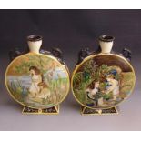 A pair of pilgrim flasks by Minton’s Art Pottery,  Studio Kensington Gore London, painted by John M