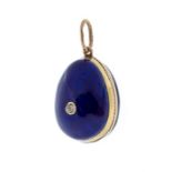 A Faberge gold and enamel enamel egg shaped pendant, early 20th Century, deep blue guilloche