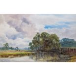 John Keeley (British, 1849-1930), a river landscape with cattle, signed l.l., 33.5 by 52cm, framed
