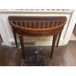 George III mahogany demilune food over card table, satinwood cross banded edge, raised on square