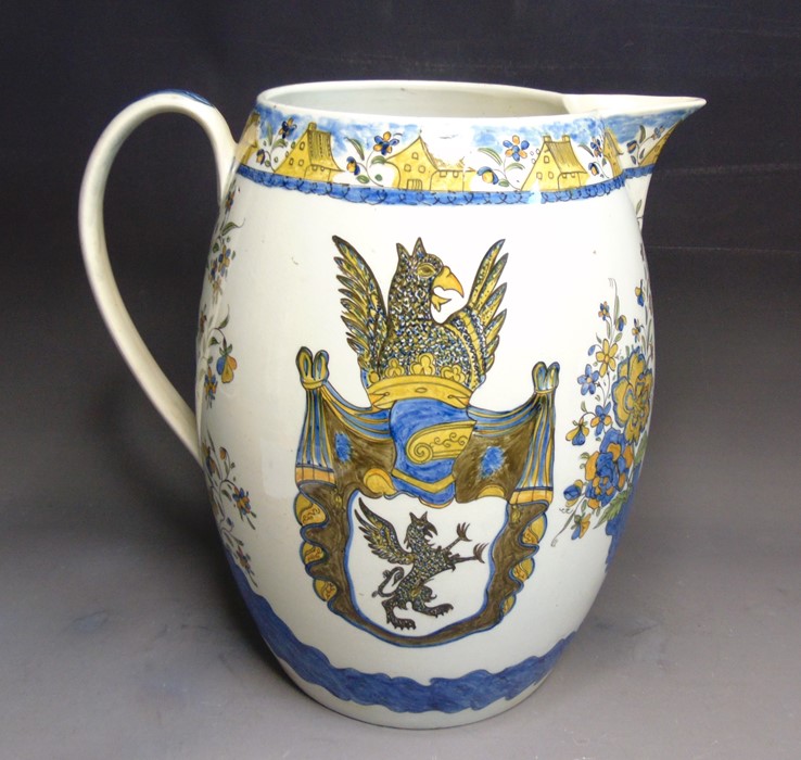 A very large Prattware jug. with an armorial crest and dated 1805 and a prancing horse and dragons - Image 3 of 5