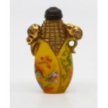 A recent Chinese enamelled glass snuff bottle, as a corn cob with chicks at the shoulders, lotus