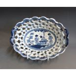 A Derby blue and white pierced twin handled oval basket, circa 1760, 2cm by 16cm wide, 9cm high
