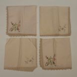 A large 1920/30 cotton lace cloth with embroidery in pink flowers with eleven napkins.  Another