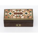 A late 19th Century rosewood specimen topped stamp box, triple division interior, width 8.5cm