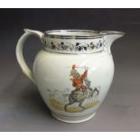 A Staffordshire silver resist lustre pottery jug with a military equestrian figure, probably
