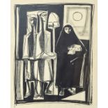 Mahmoud Sabri (Iraqi, 1927-2012), three figures, one a mother cradling her baby, signed in Arabic
