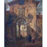 Continental School, 19th Century, the gateway to an Italian Palazzo, with figures conversing in