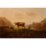 Manner of Albert Cuyp, a landscape with a figure, cow and sheep by a lake, bears signature l.c., oil