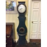 Swedish Painted Clock A 19th C Swedish green painted pine longcase clock with rectangular cavetto