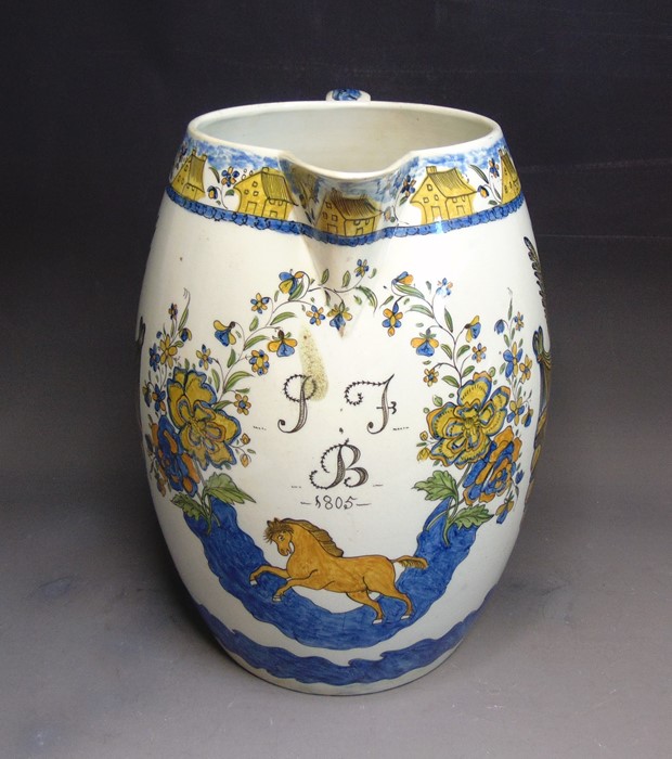 A very large Prattware jug. with an armorial crest and dated 1805 and a prancing horse and dragons - Image 2 of 5