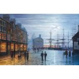 Michael Matthews (British, 1933), a moonlit Victorian dock scene with figures, signed l.r, oil on