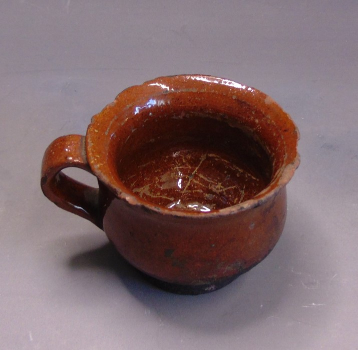 Post Medieval pottery, a mortar, an earthenware lead glazed cup and a black glazed Jug, mortar 16. - Image 4 of 7