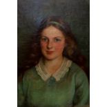 Katherine Abbot Cox (British, 20th Century), portrait of a girl, bust length wearing a green