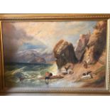 British School, 19th Century, a beach scene with choppy sea, oil on canvas, 72 by 110cm, gilt frame