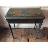 A 19th Century lacquered fold over card table, the top decorated Chinese garden scene with figures