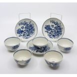 A series of Worcester blue and white tea bowls and saucers, circa 1780, comprising five tea bowls