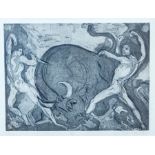 Walter Herman Jonas (Swiss, 1910-1977), two nude males fighting a bull, signed and dated 1943 l.