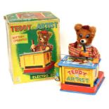 Teddy the Artist: A boxed, battery operated, tinplate, Teddy the Artist, Made by Yonezawa, Japan,