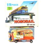Monorail: A boxed, battery operated, plastic, Monorail Set with Light, Made in Hong Kong, complete