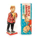 Trumpet Player: A boxed, tinplate and rubber, Mechanical Trumpet Player, Made by Nomura (T.N),