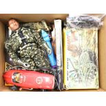 Soldiers and Cars: A box of assorted to comprise: Giant M75 Tank, battery operated, in original box,