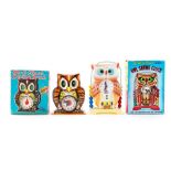 Owl Clock Savings Bank: A boxed, tinplate, Owl Clock Savings Bank, Made in Japan, complete within