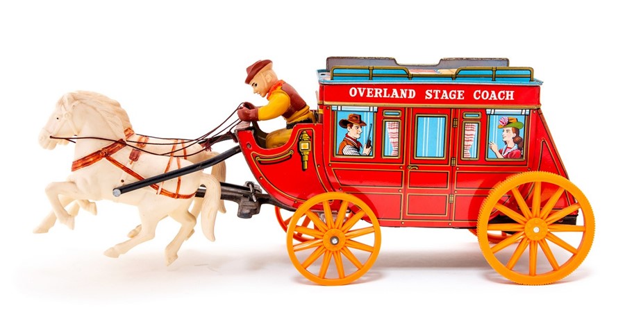 Stagecoach: A battery operated, tinplate, Overland Stage Coach, Made by Modern Toys, Japan, length