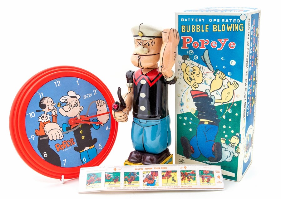 Bubble Blowing Popeye: A boxed, battery operated, tinplate, Bubble Blowing Popeye, Made by