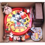 Disney: A collection of assorted Disney items to include: Mickey Mouse clock; Pluto toy; Dwarf/Santa