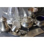 A Silver cruet,Silver hair comb, silver vesta vase, silver pepper mill and silver plated items