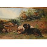 J.D. Morris (830-1905), "After the hunt, dogs with game birds in a field", oil on canvas, signed and